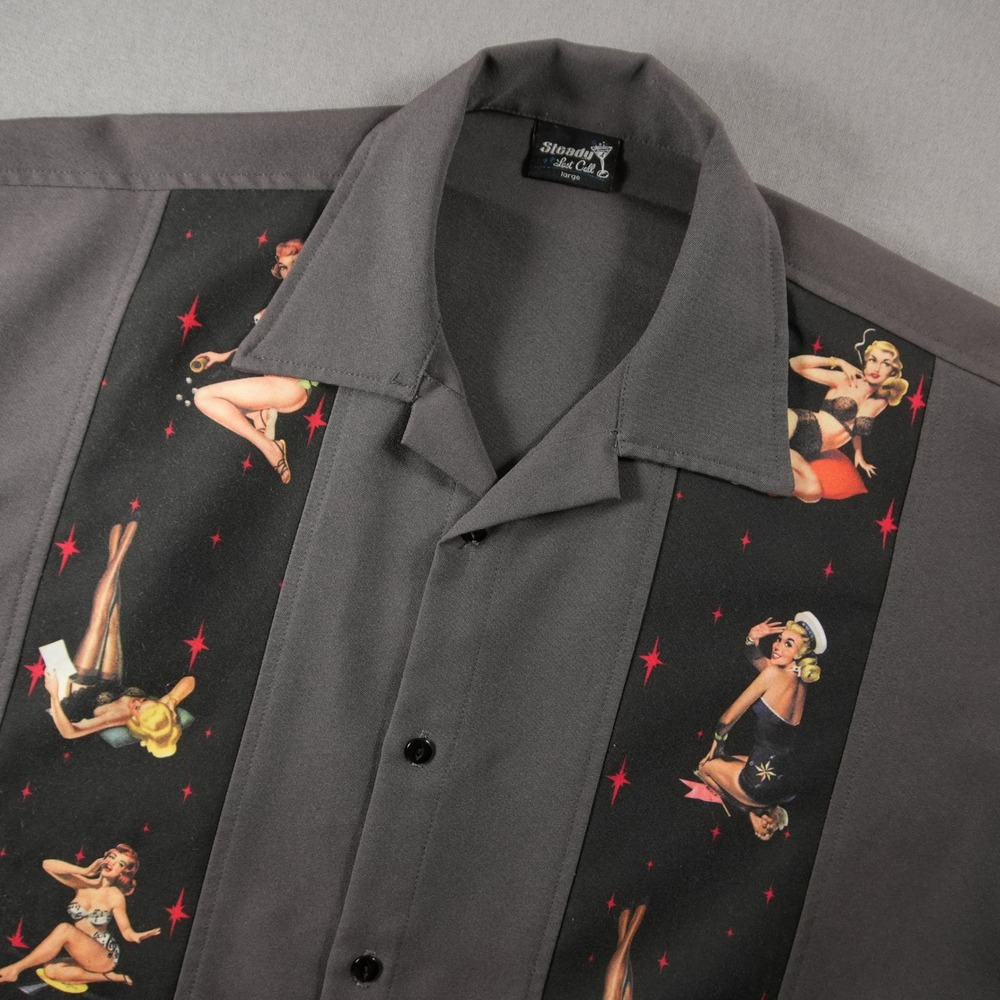 Steady Last Call Pinup Girl Graphic Bowling Rockabilly Men Shirt L Camp Collar